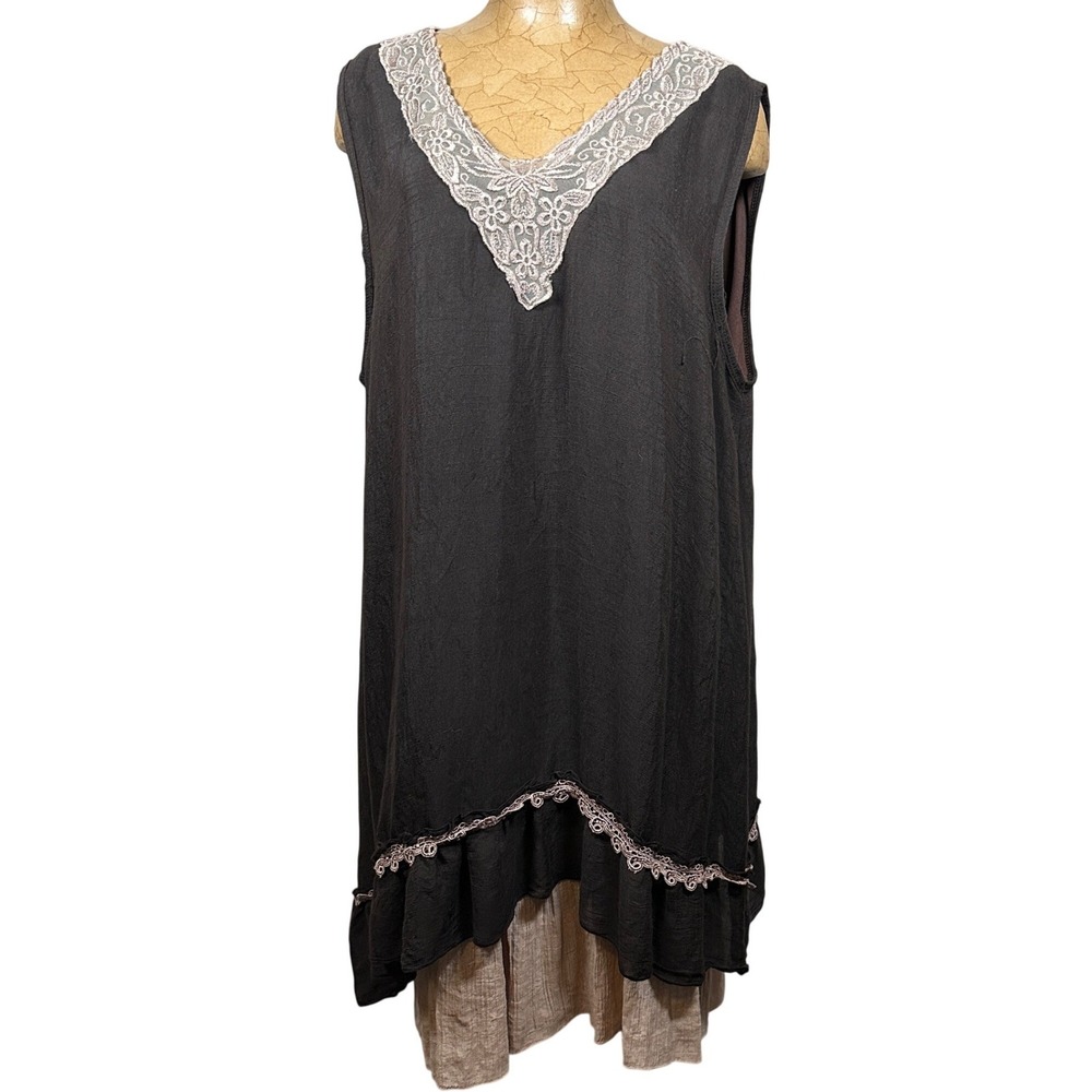 L&B Women 3XL Brown Tan Layered Lagenlook‎ Lace V-Neck Sleeveless Tunic Dress